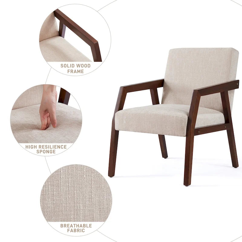 HUIMO Ensemble de 2 fauteuils d'appoint en bois massif, revêtement marron/blanc/bleu, style moderne milieu du siècle, pour salon