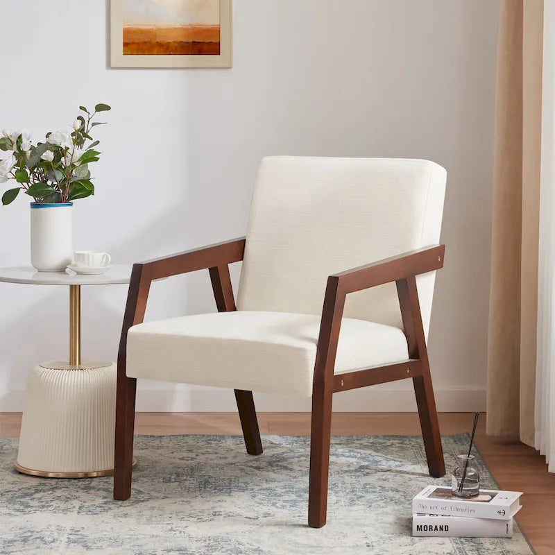 HUIMO Ensemble de 2 fauteuils d'appoint en bois massif, revêtement marron/blanc/bleu, style moderne milieu du siècle, pour salon
