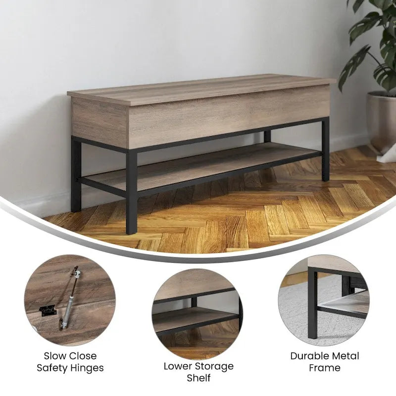 Banc d'entrée de style campagnard avec couvercle relevable à charnières et rangement