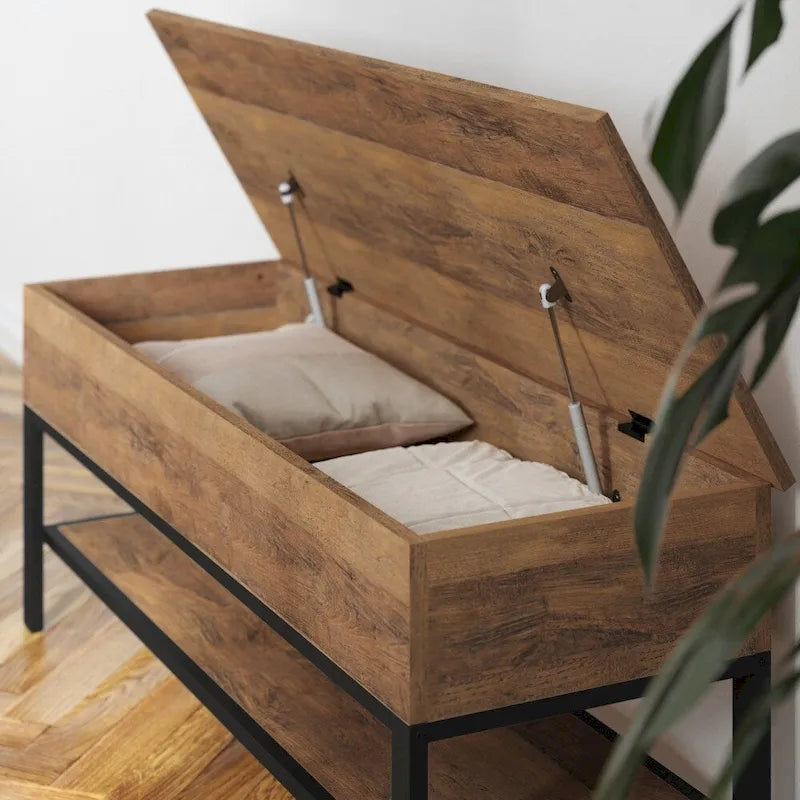 Banc d'entrée de style campagnard avec couvercle relevable à charnières et rangement