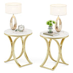 Small Modern Round Side Table End Table Nightstand with Gold Metal Frame and Faux Marble Veneer Engineered Wood for Living Room
