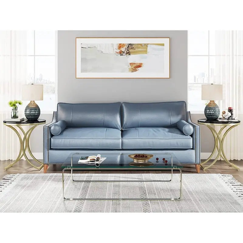 Petite table d'appoint ronde moderne avec structure en métal doré et placage en faux marbre, en bois d'ingénierie, idéale pour le salon.