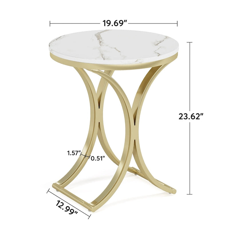 Petite table d'appoint ronde moderne avec structure en métal doré et placage en faux marbre, en bois d'ingénierie, idéale pour le salon.