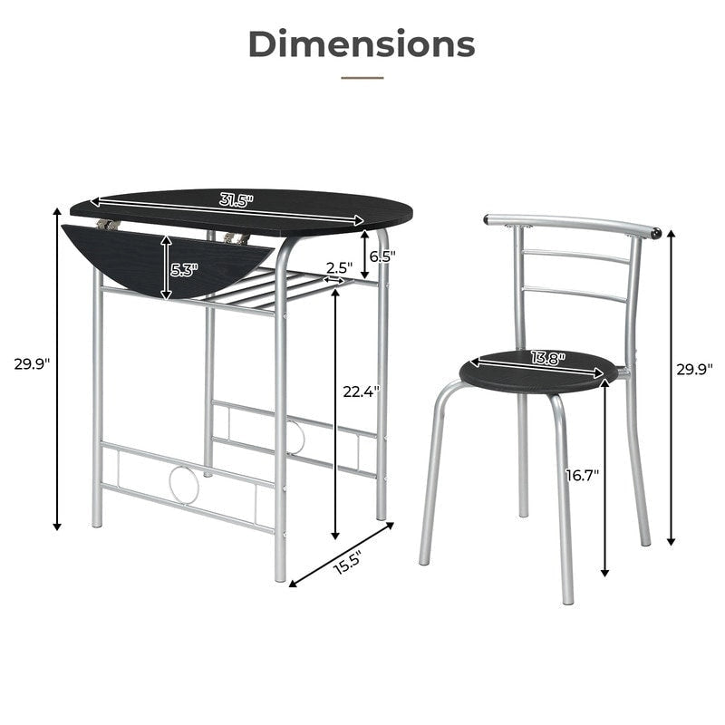Table de salle à manger à abattants de 80 cm pour petits espaces, ensemble table et chaises de cuisine pour 2 personnes