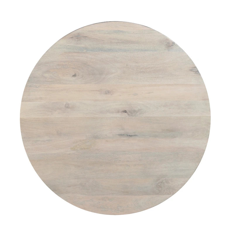 Table basse ronde de 94 cm (37 pouces), en forme de tambour, fabriquée artisanalement avec rangement, en bois de manguier blanc lavé.