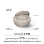 Table basse ronde de 94 cm (37 pouces), en forme de tambour, fabriquée artisanalement avec rangement, en bois de manguier blanc lavé.