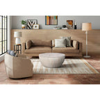 Table basse ronde de 94 cm (37 pouces), en forme de tambour, fabriquée artisanalement avec rangement, en bois de manguier blanc lavé.