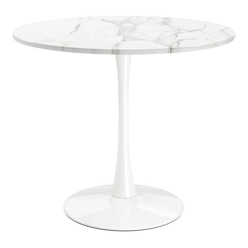 Modern Classic 35-inch Round Pedestal Dining Table Marble Top with White Base - 29H x 36W x 36D