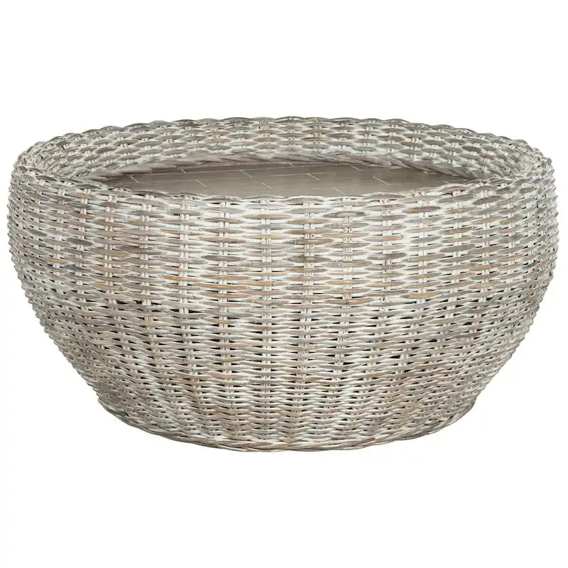Table basse tambour en résine tressée et plateau en bois SAFAVIEH Alfia - 35,4 x 35,4 x 15,7 cm - 35 cm (L) x 35 cm (P) x 16 cm (H)