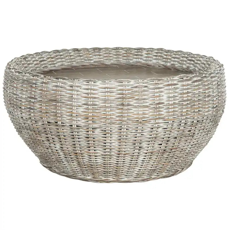 Table basse tambour en résine tressée et plateau en bois SAFAVIEH Alfia - 35,4 x 35,4 x 15,7 cm - 35 cm (L) x 35 cm (P) x 16 cm (H)