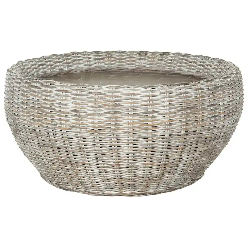 Table basse tambour en résine tressée et plateau en bois SAFAVIEH Alfia - 35,4 x 35,4 x 15,7 cm - 35 cm (L) x 35 cm (P) x 16 cm (H)