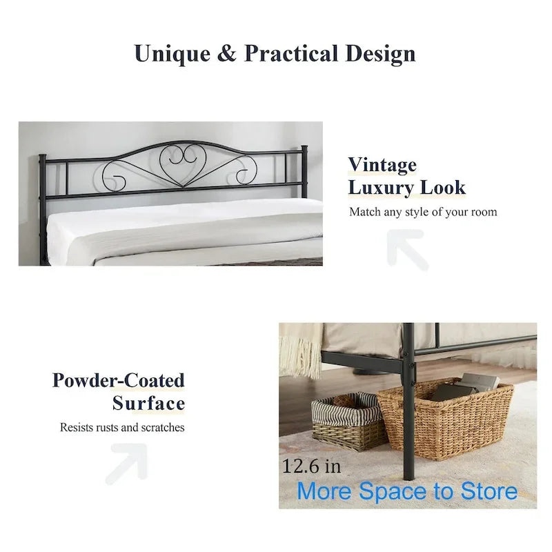 Cadre de lit plateforme en métal Javlergo avec tête de lit moderne, sommier non requis