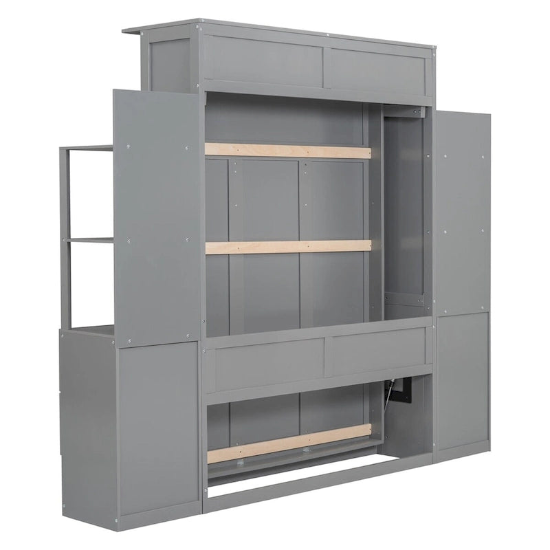 Lit escamotable mural pleine grandeur avec étagères, tiroirs et éclairage LED