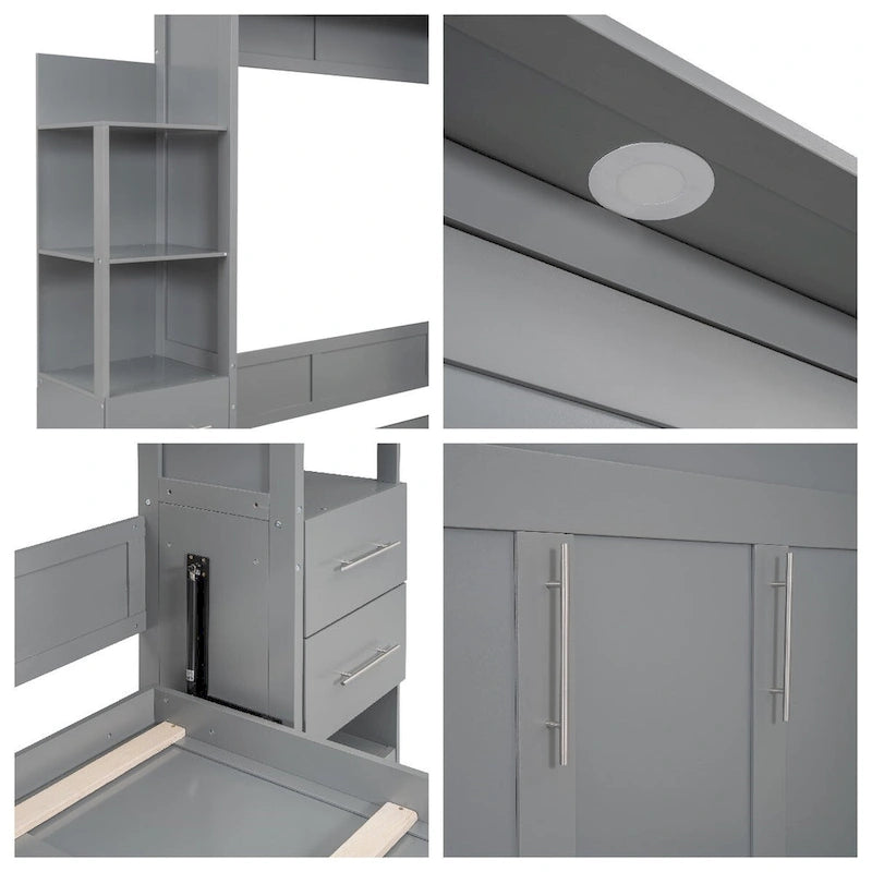 Lit escamotable mural pleine grandeur avec étagères, tiroirs et éclairage LED