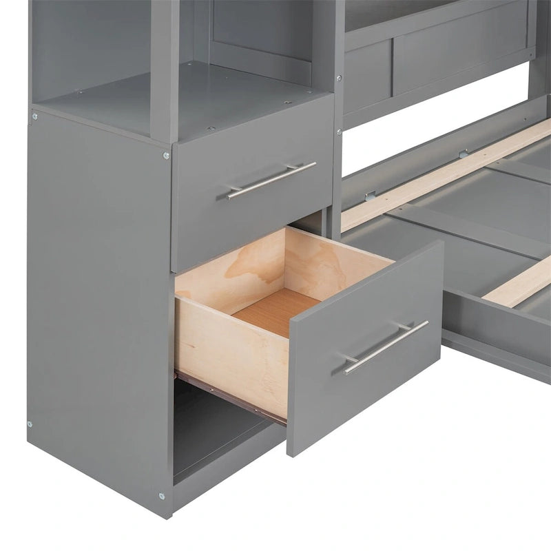 Lit escamotable mural pleine grandeur avec étagères, tiroirs et éclairage LED