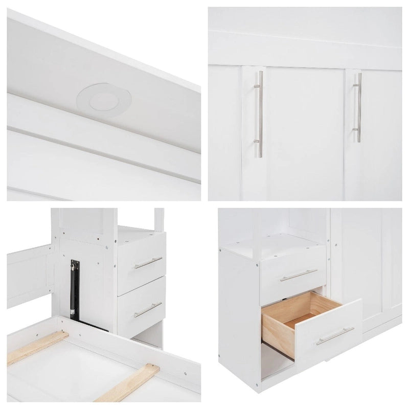 Lit escamotable mural pleine grandeur avec étagères, tiroirs et éclairage LED