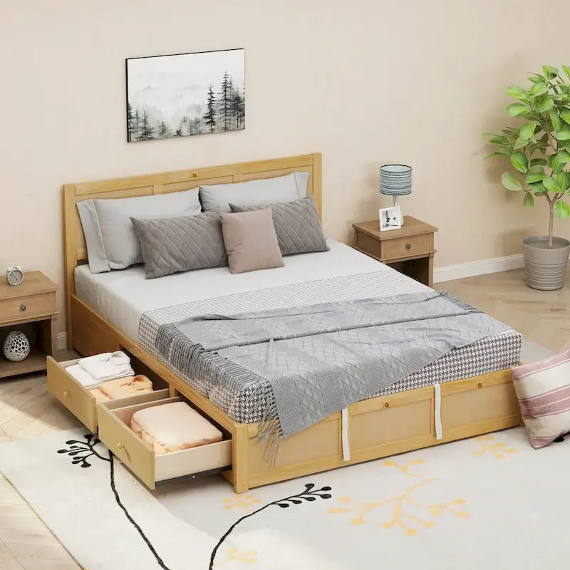 Queen Size Wood Platform Bed with Hydraulic Storage System and 2 Drawers