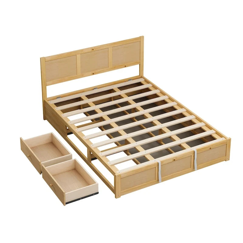 Lit plateforme en bois Queen Size avec système de rangement hydraulique et 2 tiroirs