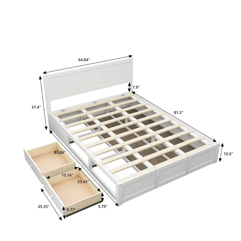 Lit plateforme en bois Queen Size avec système de rangement hydraulique et 2 tiroirs
