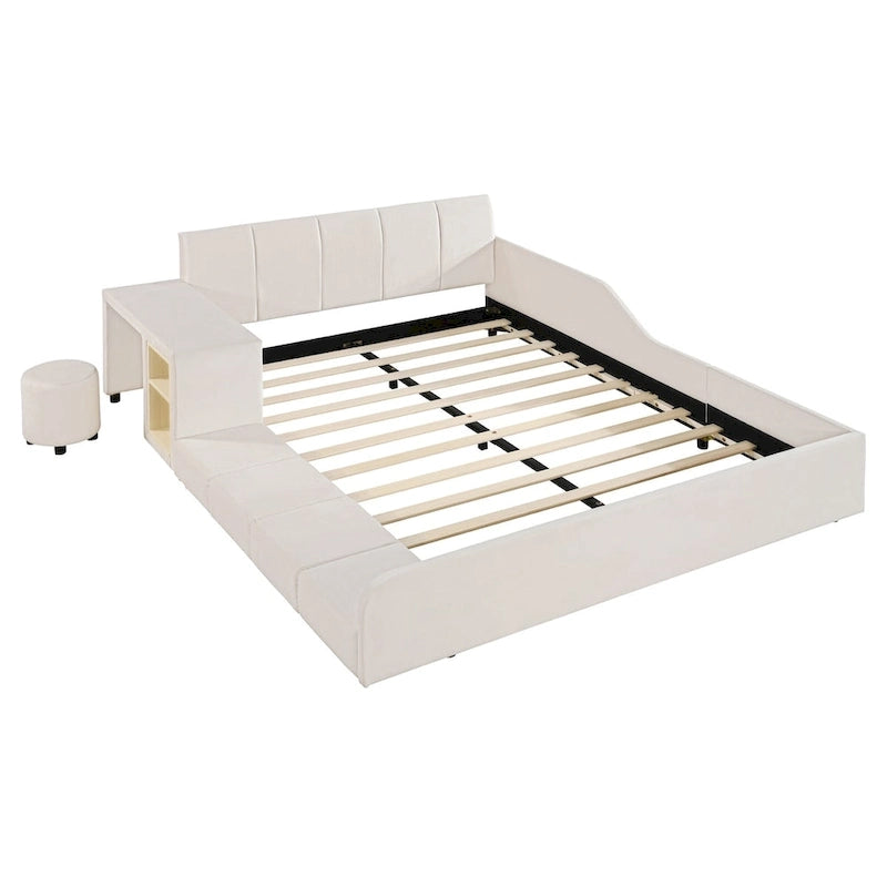 Lit double capitonné avec table de chevet et petit tabouret rond, en velours.