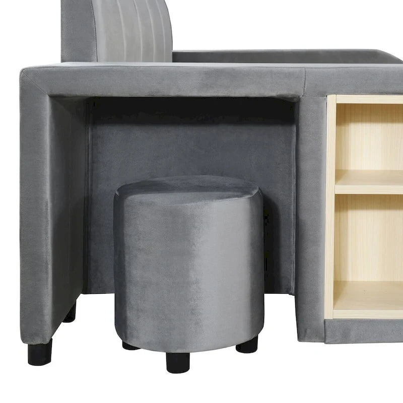 Lit double capitonné avec table de chevet et petit tabouret rond, en velours.