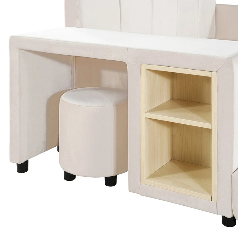 Lit double capitonné avec table de chevet et petit tabouret rond, en velours.