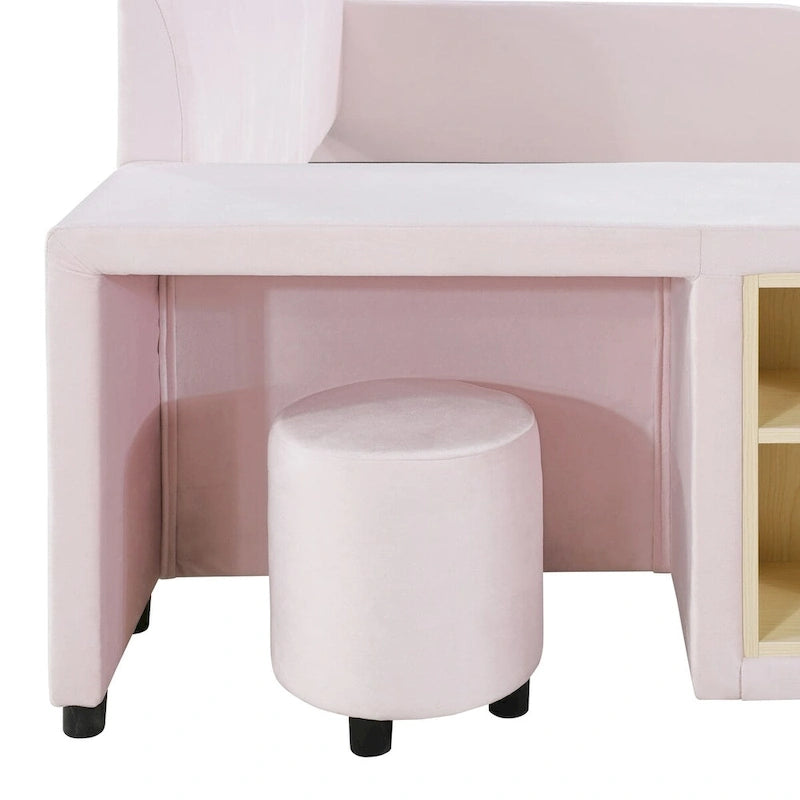 Lit double capitonné avec table de chevet et petit tabouret rond, en velours.