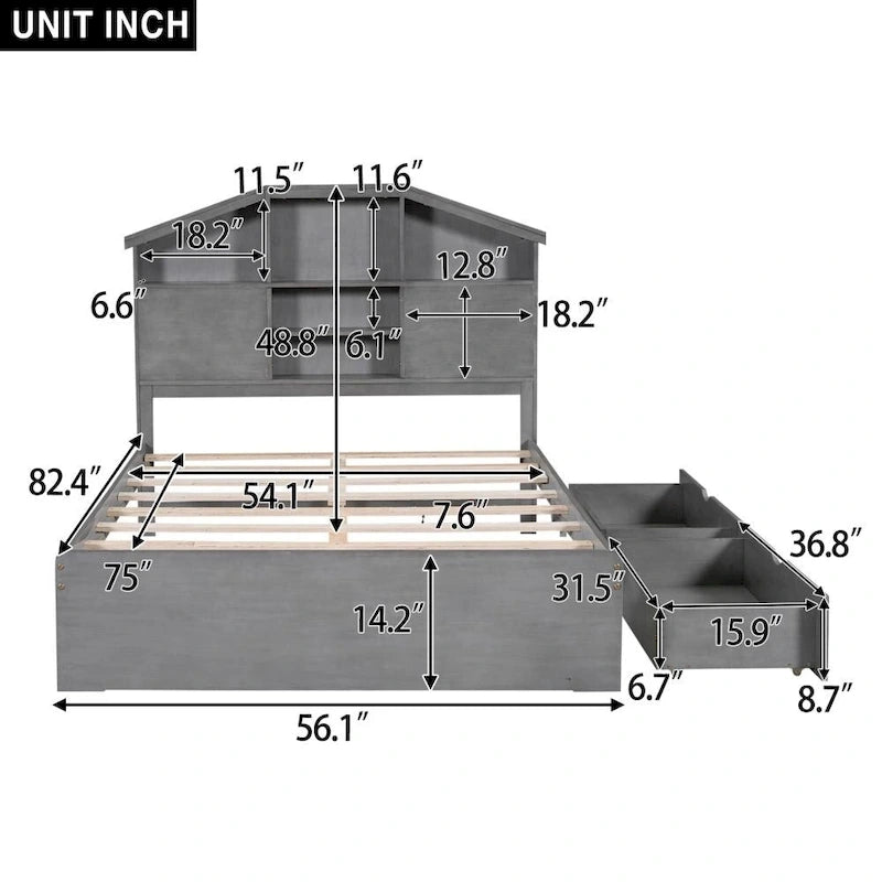 Lit plateforme en bois pleine grandeur avec tête de lit de rangement en forme de maison et 2 tiroirs