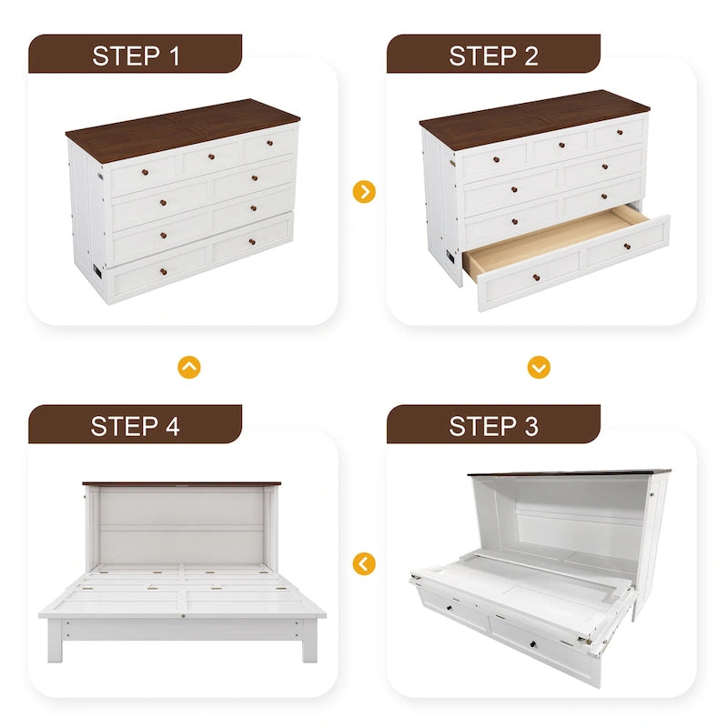 Commode de lit escamotable MERAX en pin massif avec station de recharge et grand tiroir de rangement