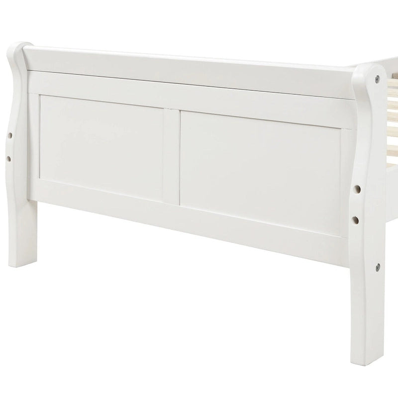 Lit traîneau à cadre en bois avec pied de lit, disponible en tailles simple, double et queen.