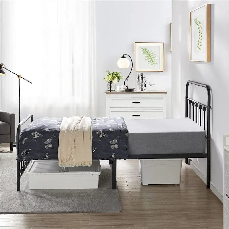 Lit en métal Yaheetech avec tête et pied de lit hauts et rangement