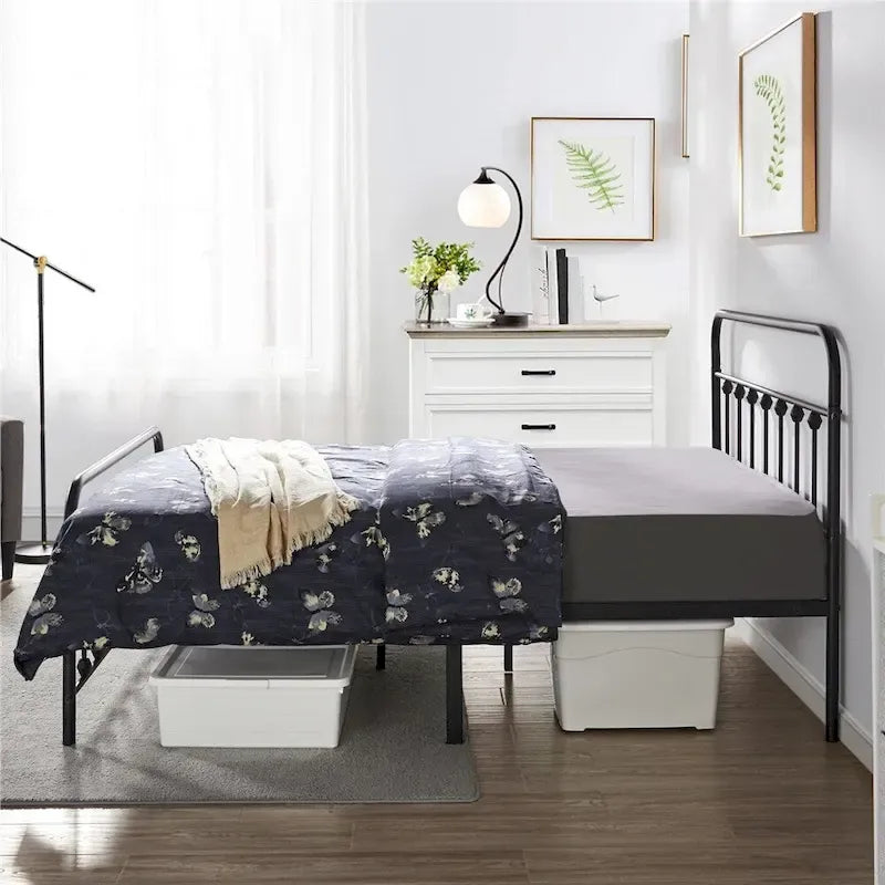 Lit en métal Yaheetech avec tête et pied de lit hauts et rangement