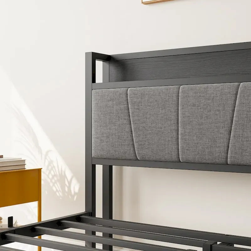 Cadre de lit double, tête de lit avec rangement et station de recharge, solide et stable, silencieux, sans sommier, montage facile