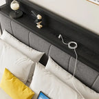 Cadre de lit double, tête de lit avec rangement et station de recharge, solide et stable, silencieux, sans sommier, montage facile