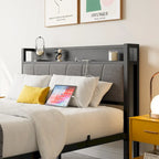 Cadre de lit double, tête de lit avec rangement et station de recharge, solide et stable, silencieux, sans sommier, montage facile