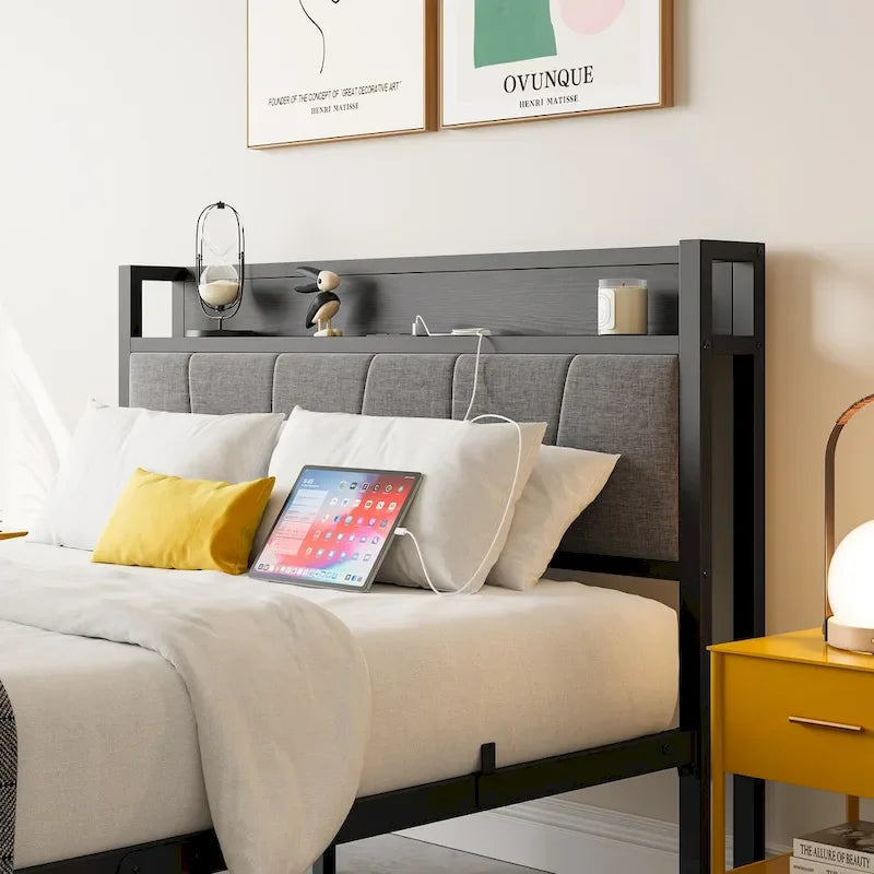 Cadre de lit double, tête de lit avec rangement et station de recharge, solide et stable, silencieux, sans sommier, montage facile