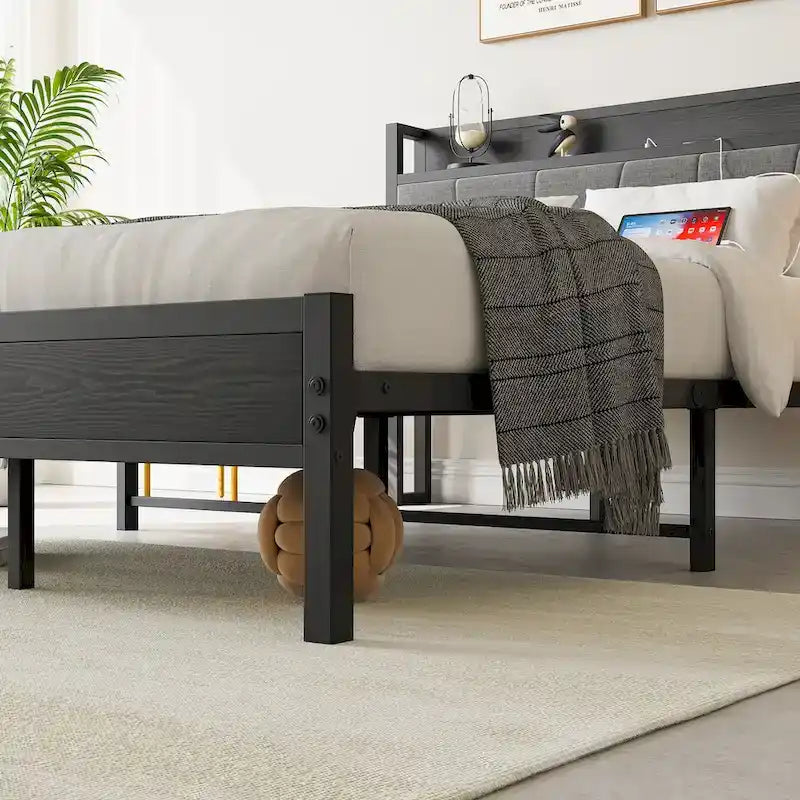 Cadre de lit double, tête de lit avec rangement et station de recharge, solide et stable, silencieux, sans sommier, montage facile