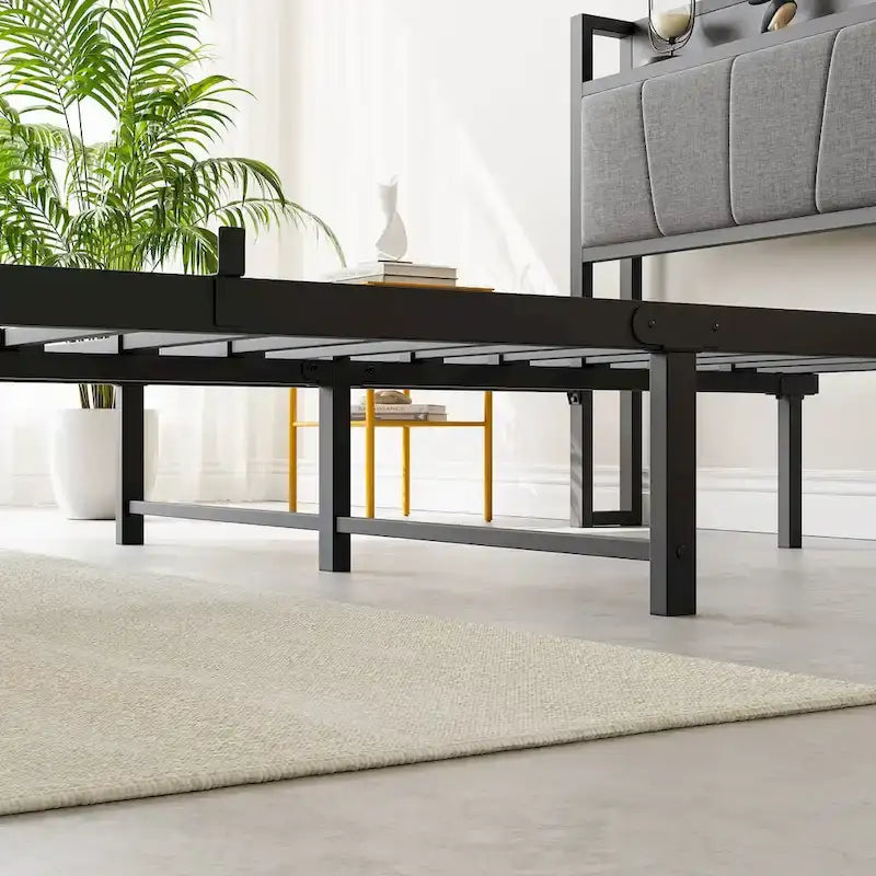 Cadre de lit double, tête de lit avec rangement et station de recharge, solide et stable, silencieux, sans sommier, montage facile