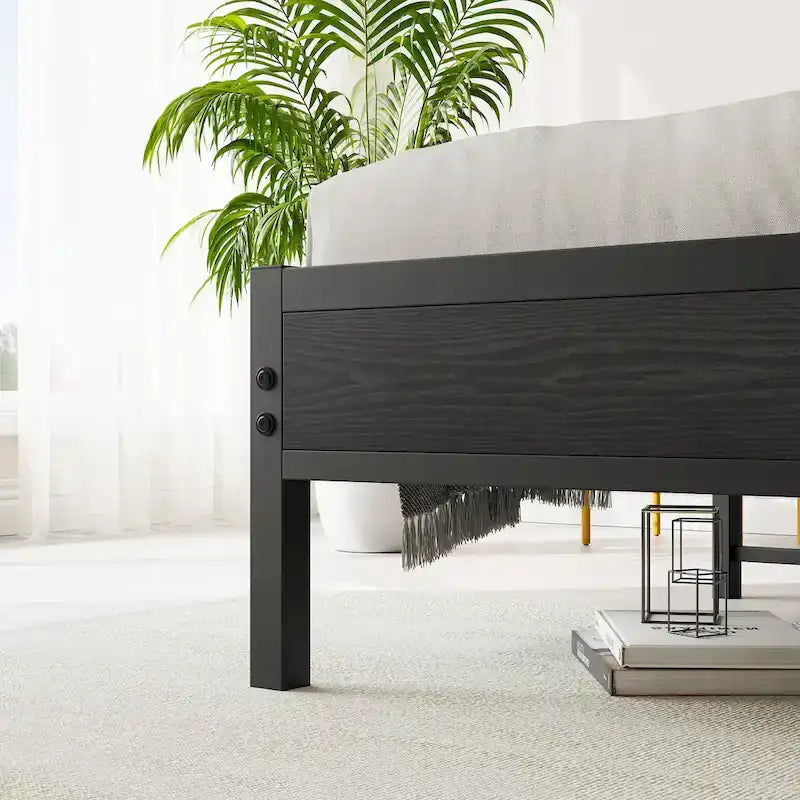 Cadre de lit double, tête de lit avec rangement et station de recharge, solide et stable, silencieux, sans sommier, montage facile