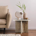 Venus 18.5 Table d'appoint contemporaine en marbre naturel faite à la main en forme de T, gris/beige, par JONATHAN Y.