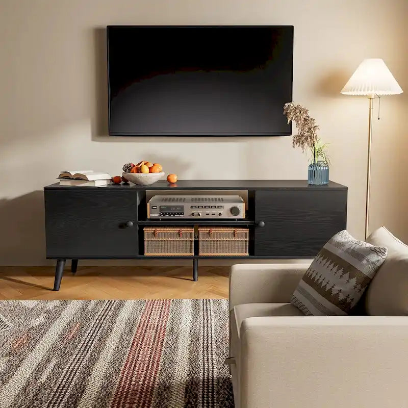 Meuble TV, meuble TV moderne du milieu du siècle pour téléviseur 55/60 pouces, meuble TV de style ferme, centre de divertissement pour salon