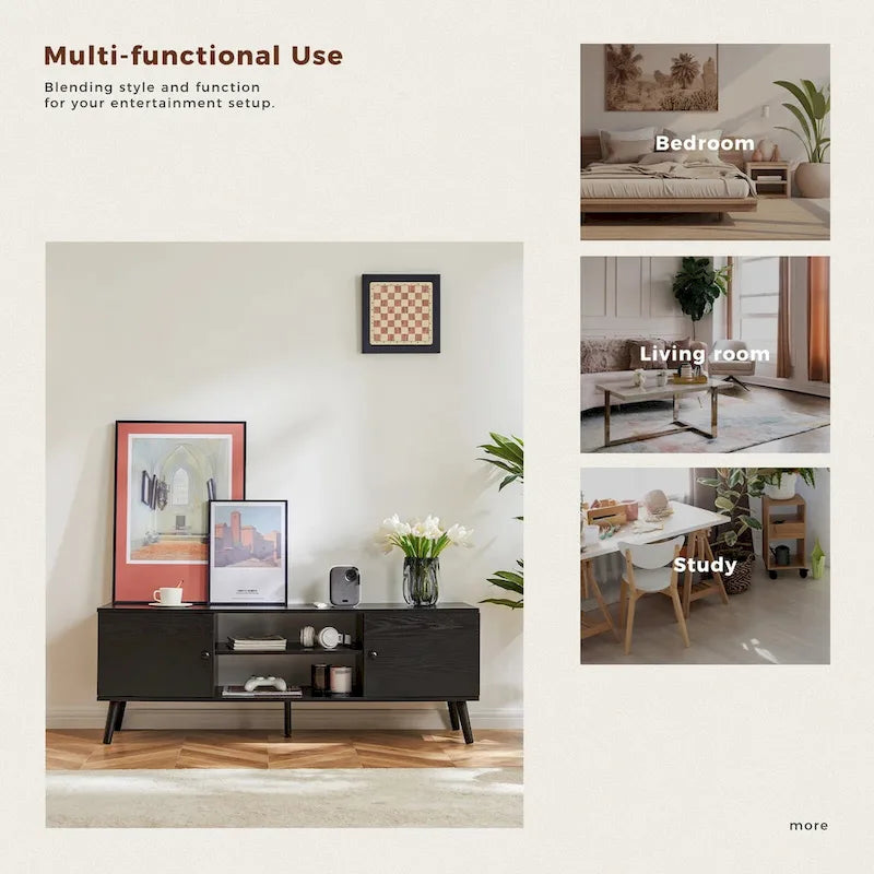 Meuble TV, meuble TV moderne du milieu du siècle pour téléviseur 55/60 pouces, meuble TV de style ferme, centre de divertissement pour salon