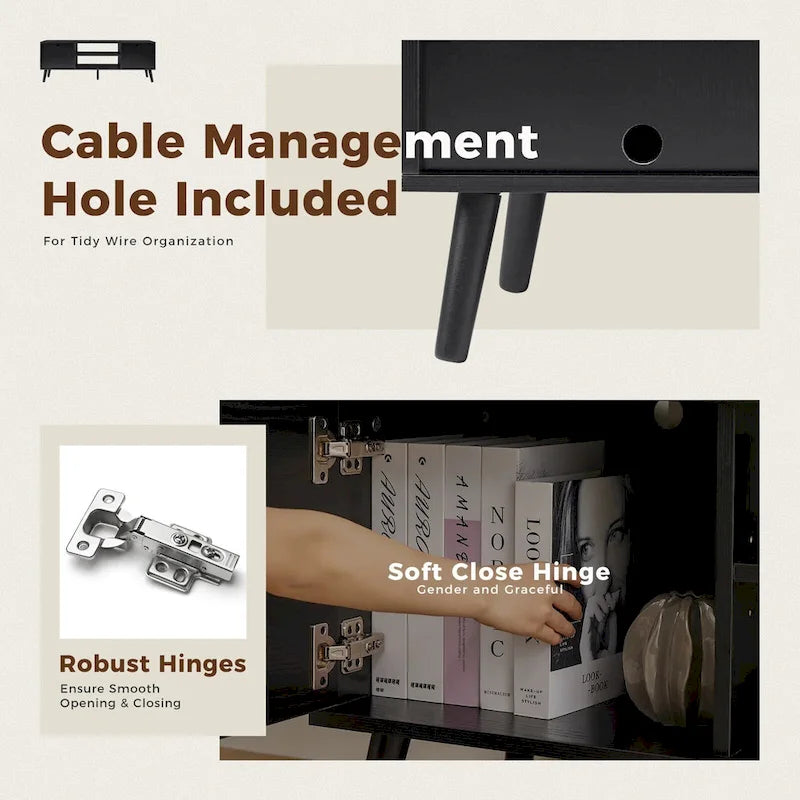 Meuble TV, meuble TV moderne du milieu du siècle pour téléviseur 55/60 pouces, meuble TV de style ferme, centre de divertissement pour salon