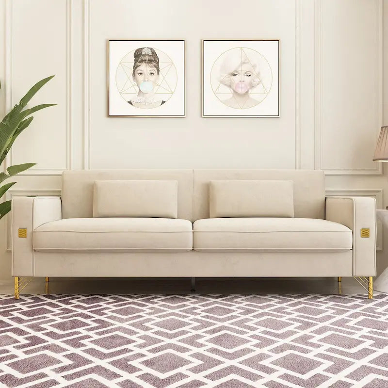 Canapé deux places moderne en velours capitonné avec coussins amovibles - 217,8 cm (P) x 77 cm (L) x 77,5 cm (H)