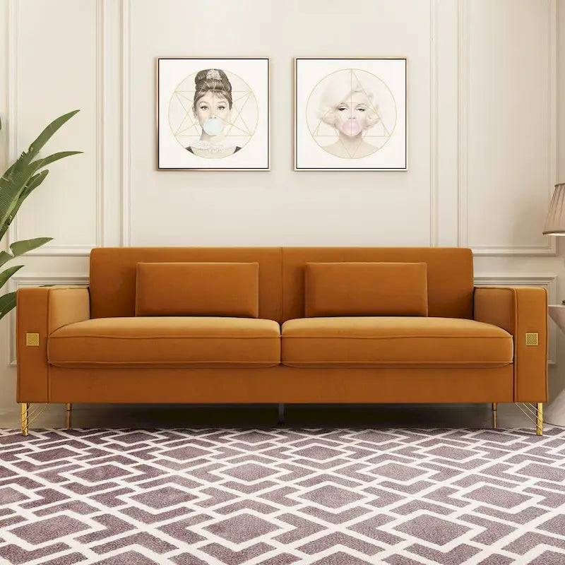 Canapé deux places moderne en velours capitonné avec coussins amovibles - 217,8 cm (P) x 77 cm (L) x 77,5 cm (H)