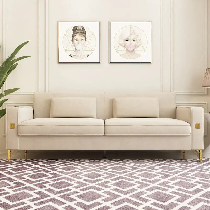 Canapé deux places moderne en velours capitonné avec coussins amovibles - 217,8 cm (P) x 77 cm (L) x 77,5 cm (H)