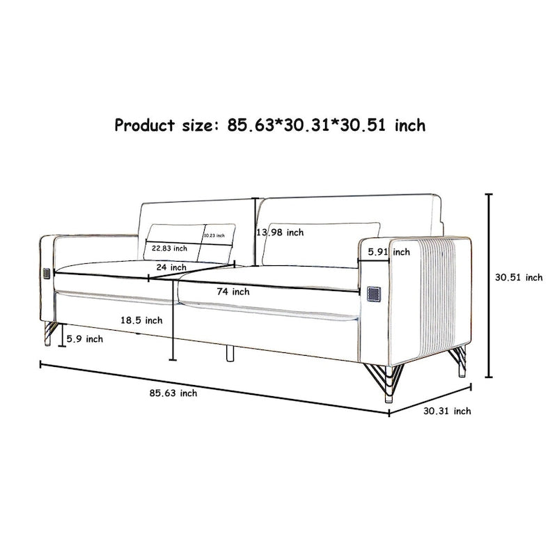 Canapé deux places moderne en velours capitonné avec coussins amovibles - 217,8 cm (P) x 77 cm (L) x 77,5 cm (H)