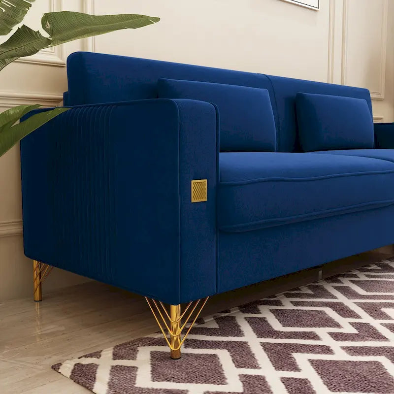 Canapé deux places moderne en velours capitonné avec coussins amovibles - 217,8 cm (P) x 77 cm (L) x 77,5 cm (H)