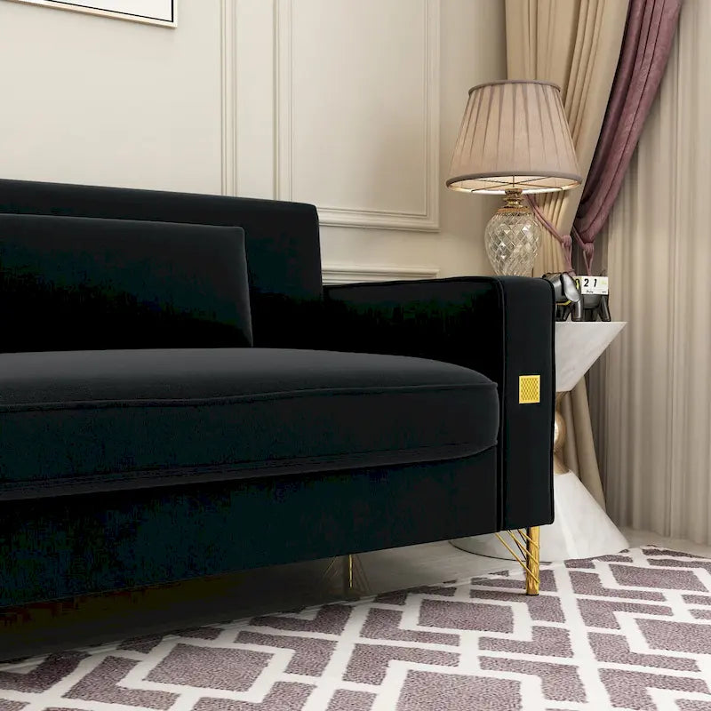 Canapé deux places moderne en velours capitonné avec coussins amovibles - 217,8 cm (P) x 77 cm (L) x 77,5 cm (H)