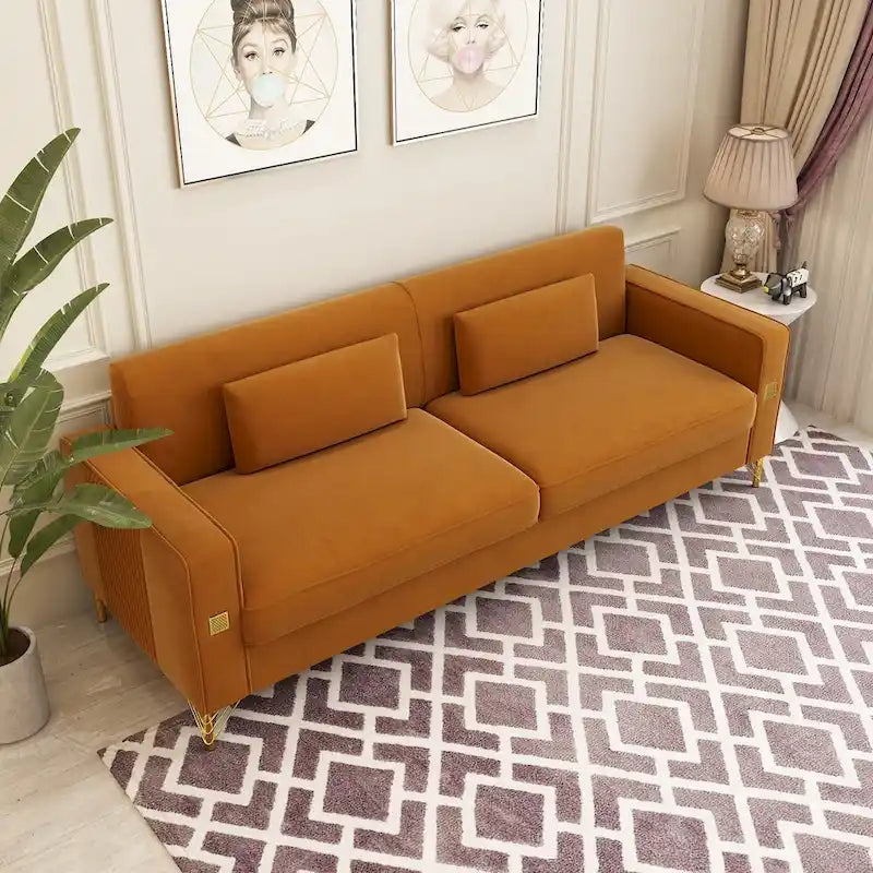 Canapé deux places moderne en velours capitonné avec coussins amovibles - 217,8 cm (P) x 77 cm (L) x 77,5 cm (H)